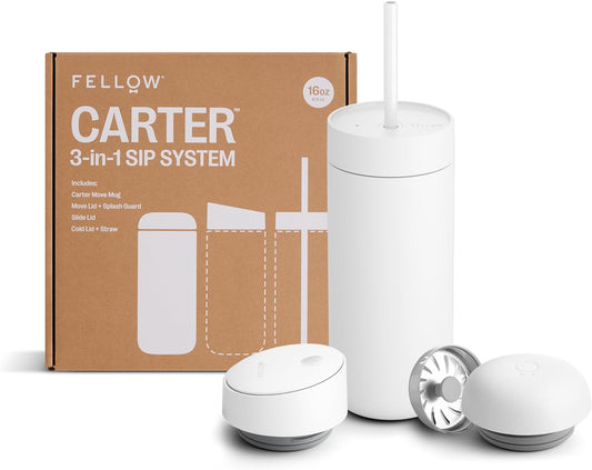 Fellow 16 oz Carter Bundle (3 in 1) Travel Mug with Slide-Lock Matte White