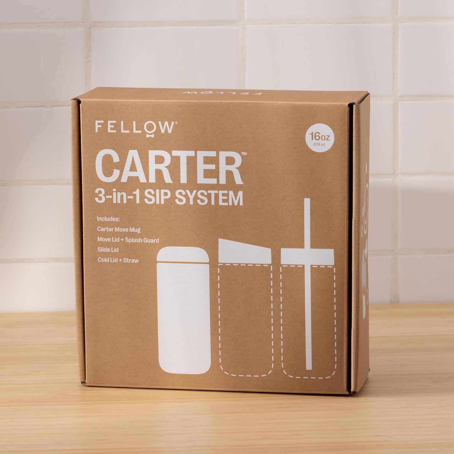 Fellow 16 oz Carter Bundle (3 in 1) Travel Mug with Slide-Lock Matte White