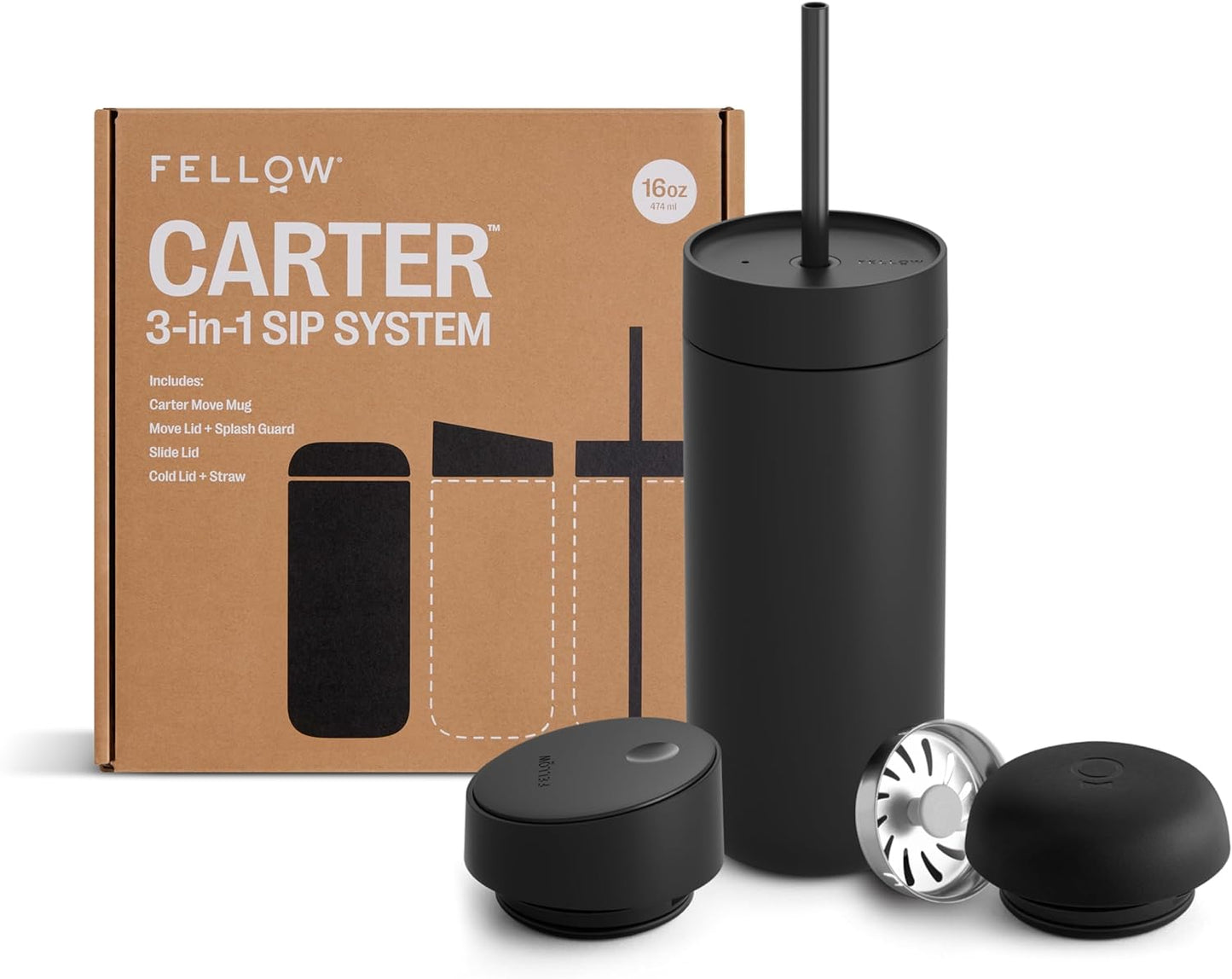 Fellow 16 oz Carter Bundle (3 in 1) Travel Mug with Slide-Lock Matte Black