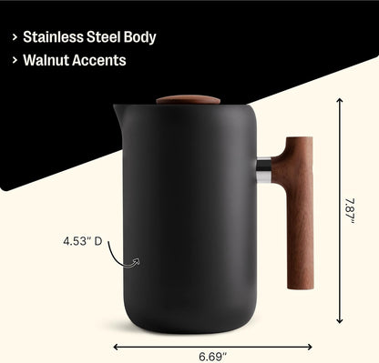 Fellow Clara French Press Coffee Maker  Matte Black with Walnut, 24 oz Carafe