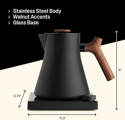 Fellow Corvo EKG Pro Studio Electric Tea Kettle - Electric Pour Over Coffee and Tea Pot Matte Black with Walnut Handle - 0.9 Liter