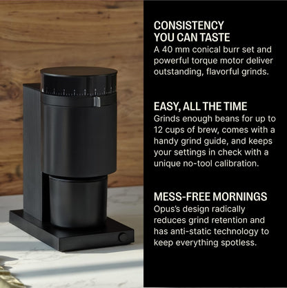 Fellow Opus Conical Burr Coffee Grinder - All Purpose Electric - Espresso Grinder with 41 Matte BlackSettings for Drip