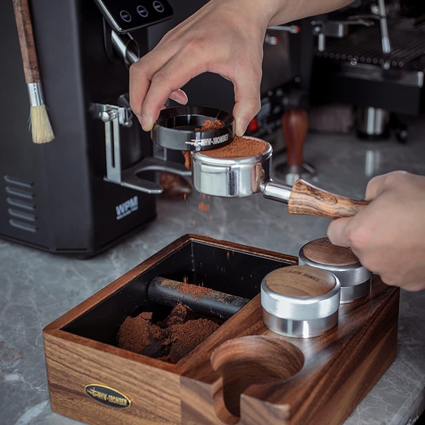 MHW-3BOMBER Espresso Coffee Organizer 4 in 1 Knock Box and Tamping Station   alnden for Storage  CH5424